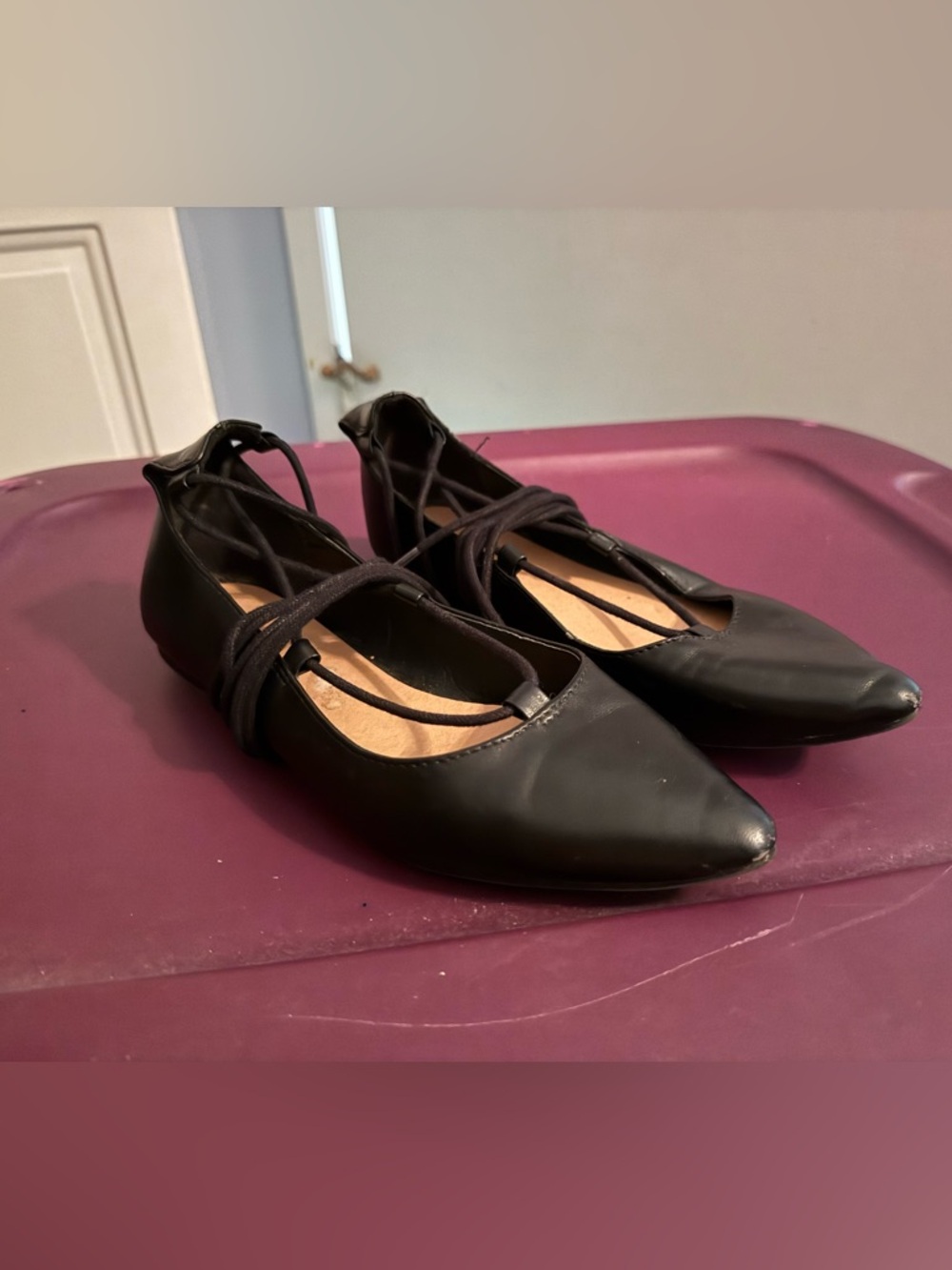 Brash Black Lace-Up Pointed Toe Flats